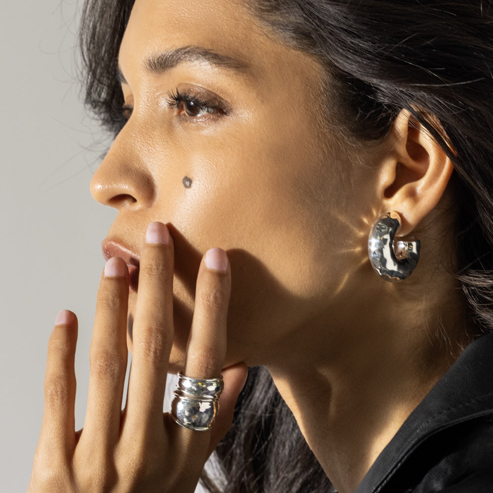 Thick Hammered Round Hoop Earrings